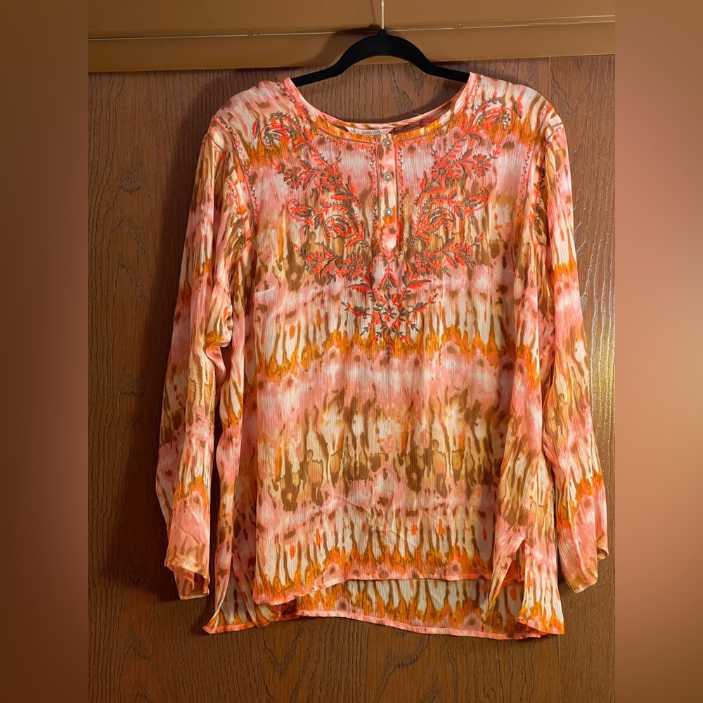 Embroidered Silk Tunic Blouse XL